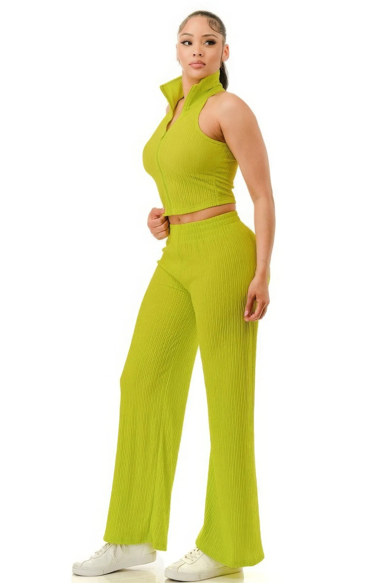 Crinkle Wide Pants Outfit Set with Zipper