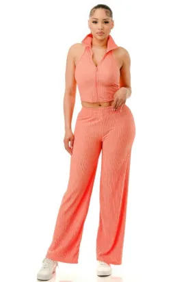 Crinkle Wide Pants Outfit Set with Zipper