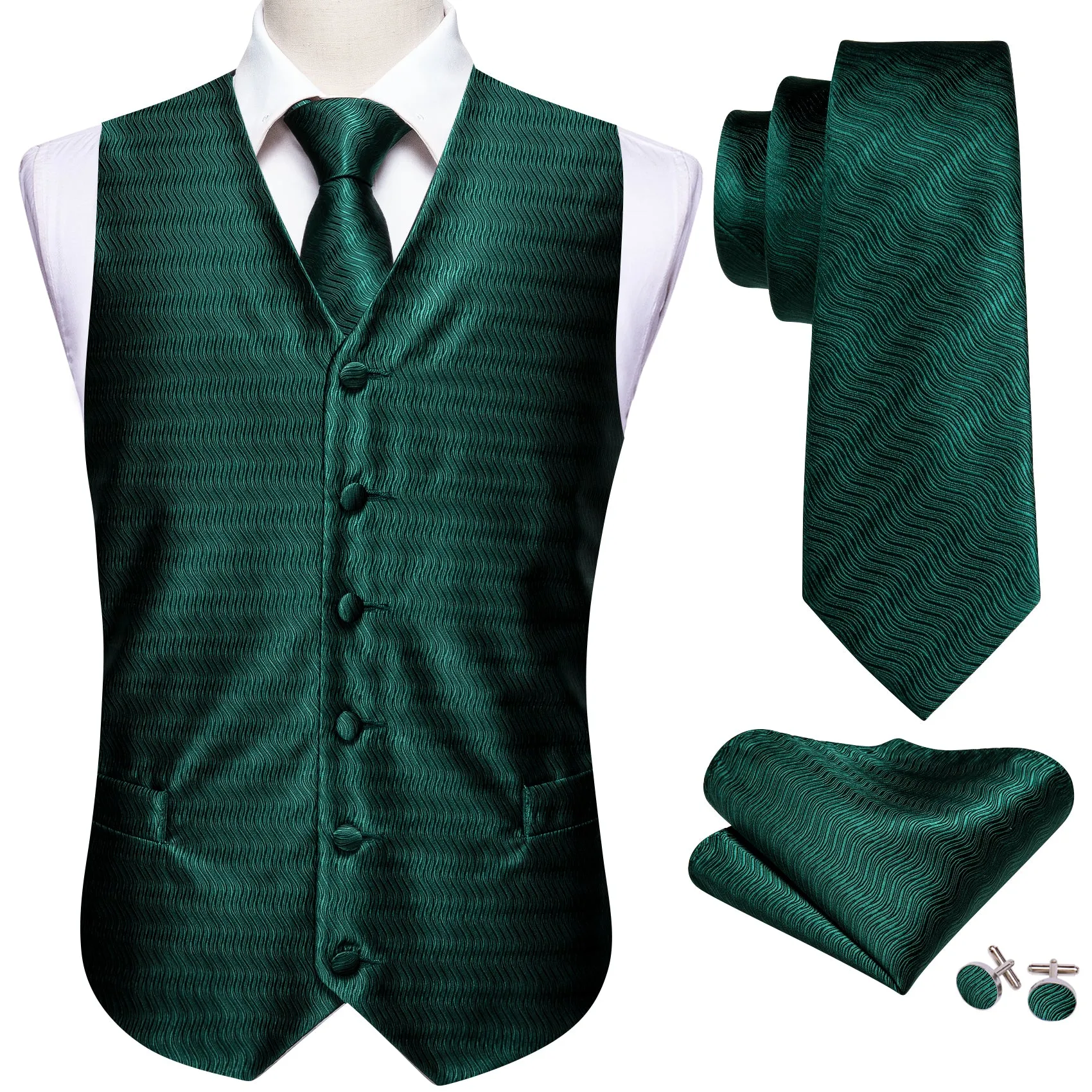 Dark Green Striped Jacquard Silk Men's Vest Hanky Cufflinks Tie Set