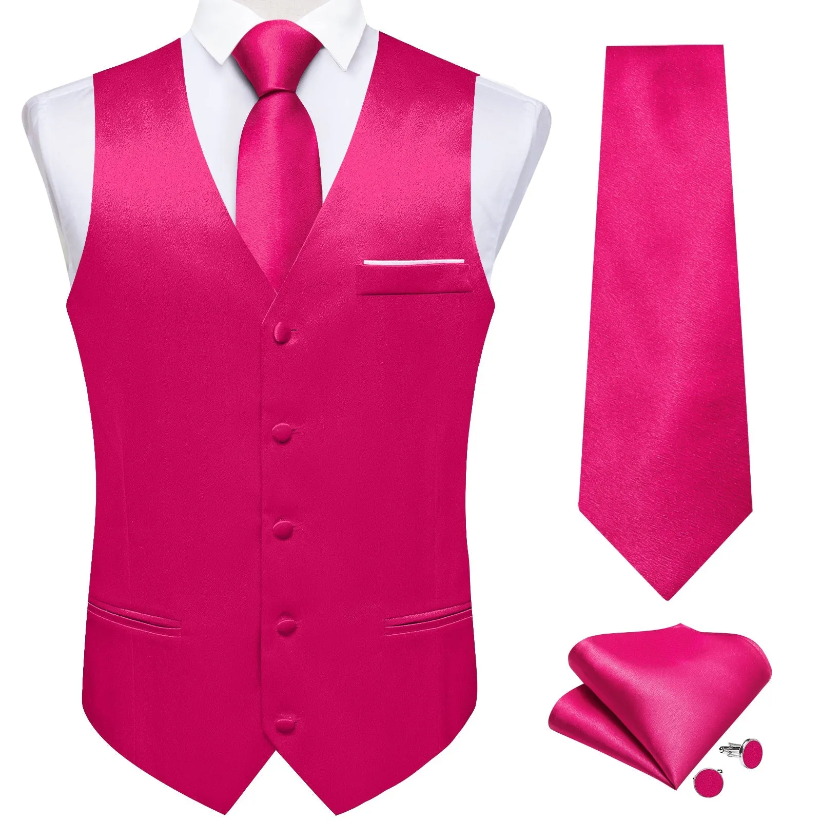 Dark Pink Solid Shining Silk Formal Men's Vest Hanky Cufflinks Tie Set