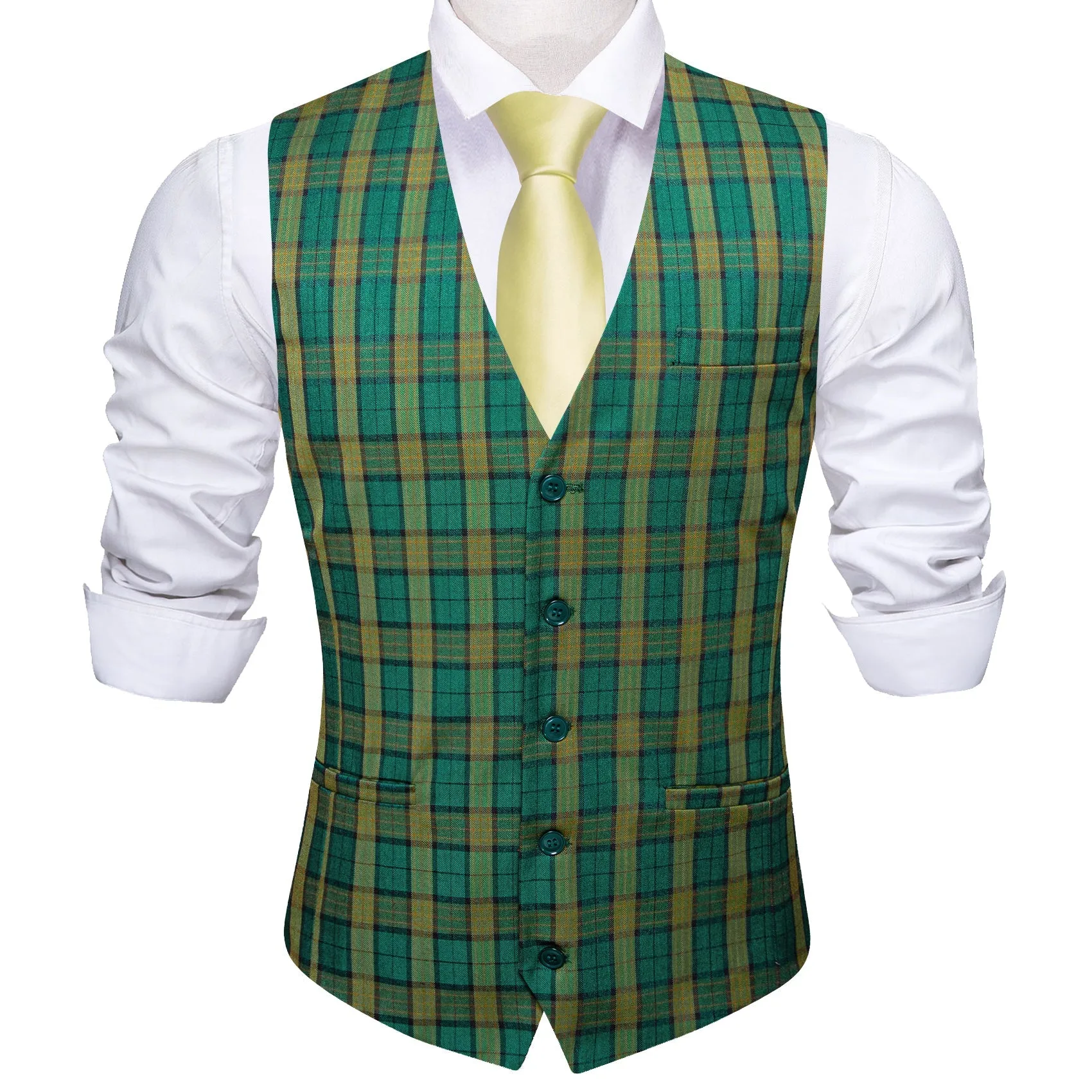 Deep Green Yellow Plaid Novelty Jacquard Men's Single Vest