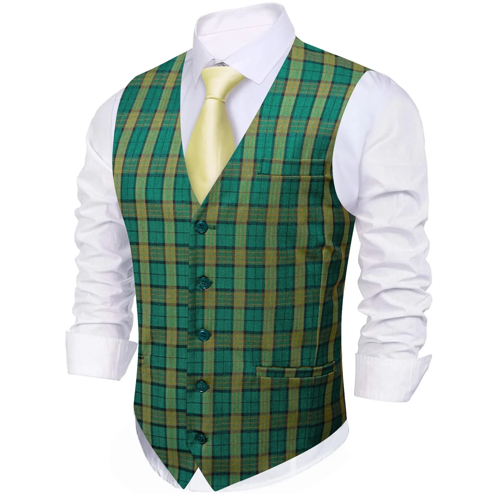 Deep Green Yellow Plaid Novelty Jacquard Men's Single Vest