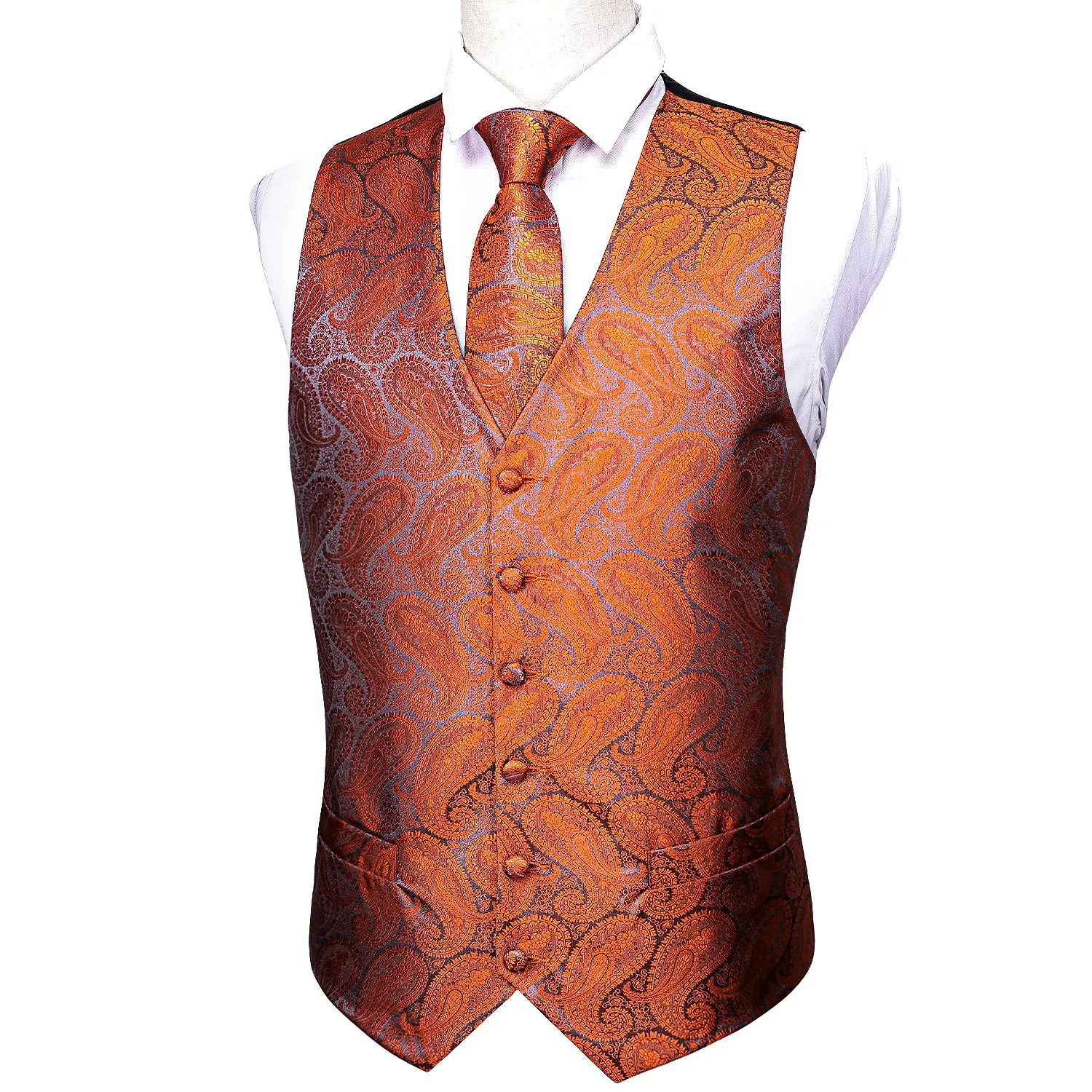 Deep Orange Paisley Silk Men's Vest Tie Hanky Cufflinks Set Waistcoat Suit Set