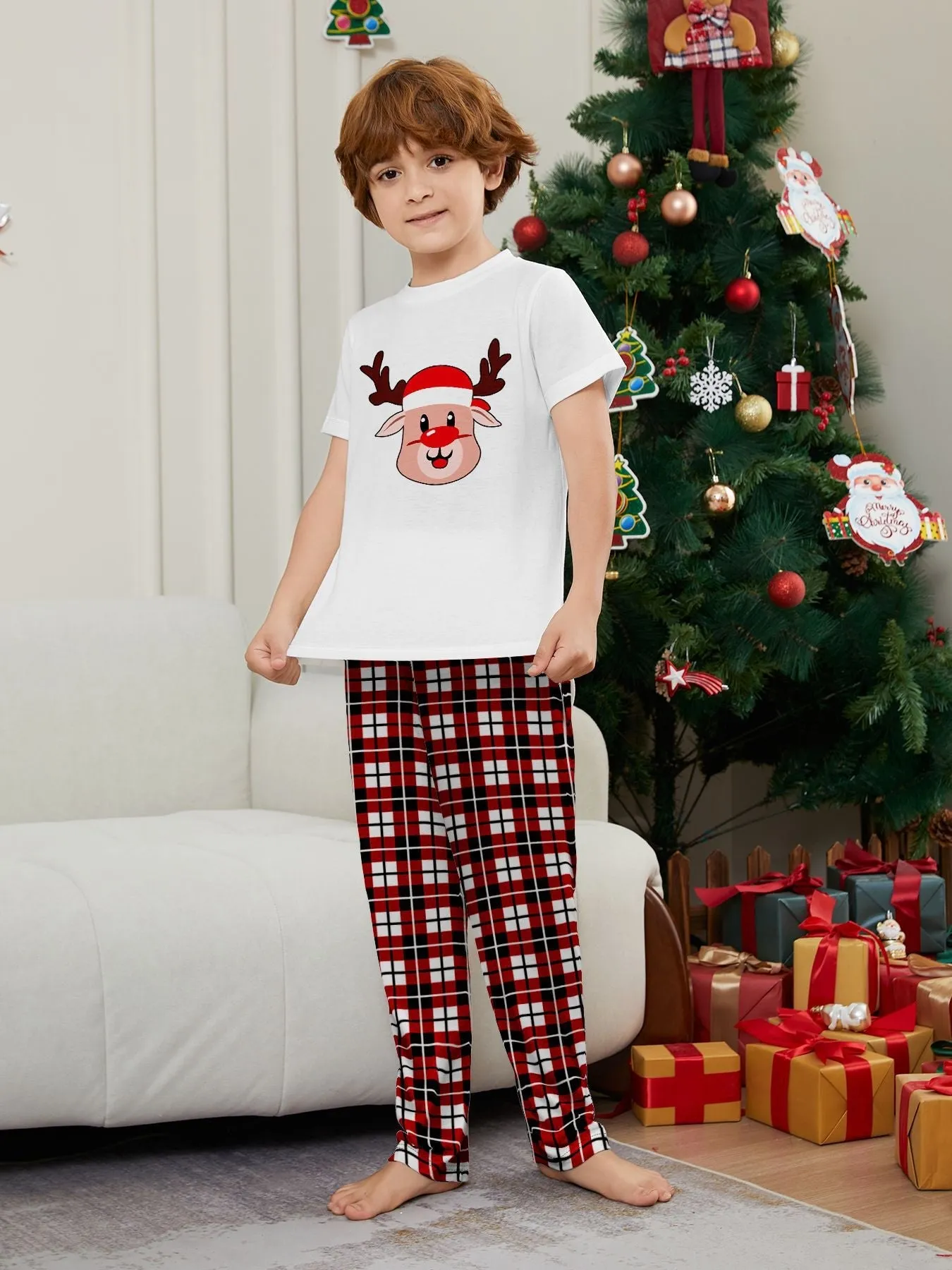 Deer Plaid Printed Family Matching Christmas Pajamas Sets