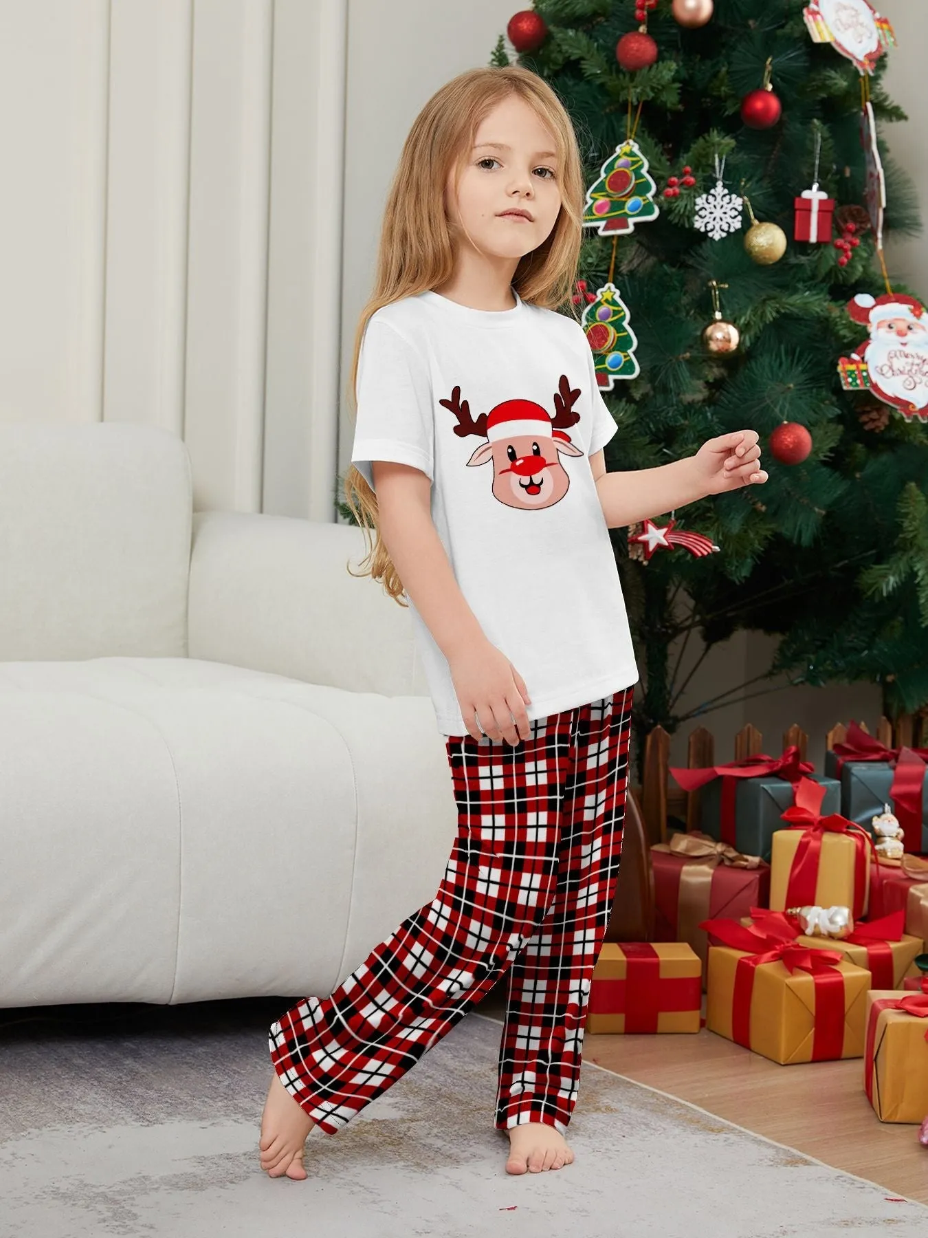 Deer Plaid Printed Family Matching Christmas Pajamas Sets