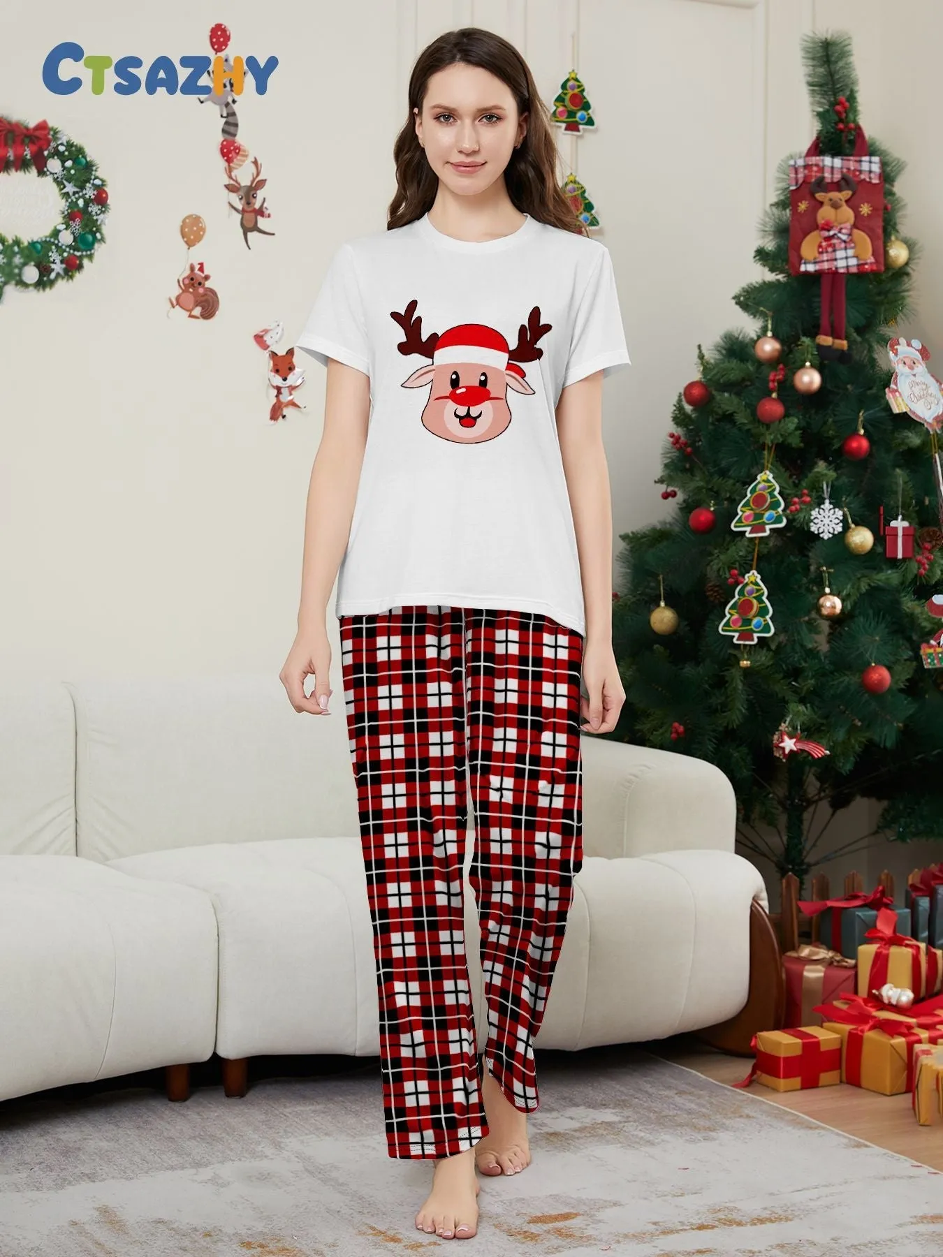 Deer Plaid Printed Family Matching Christmas Pajamas Sets