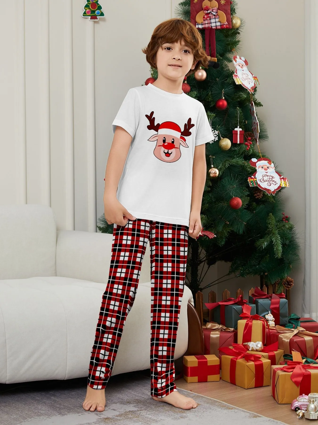 Deer Plaid Printed Family Matching Christmas Pajamas Sets