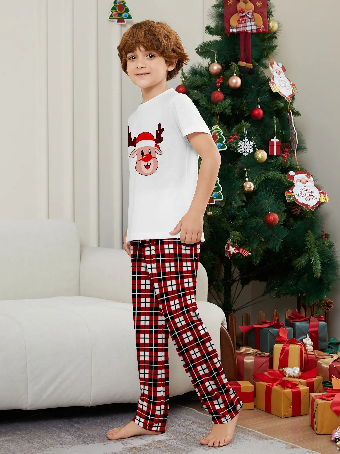 Deer Plaid Printed Family Matching Christmas Pajamas Sets