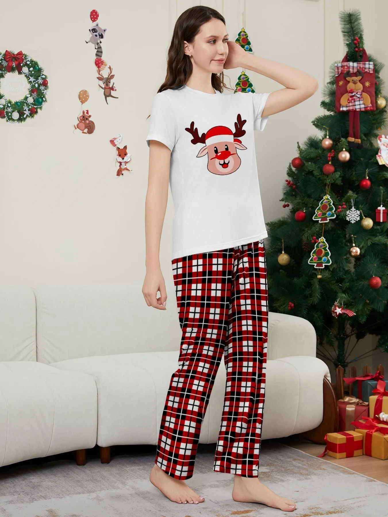 Deer Plaid Printed Family Matching Christmas Pajamas Sets