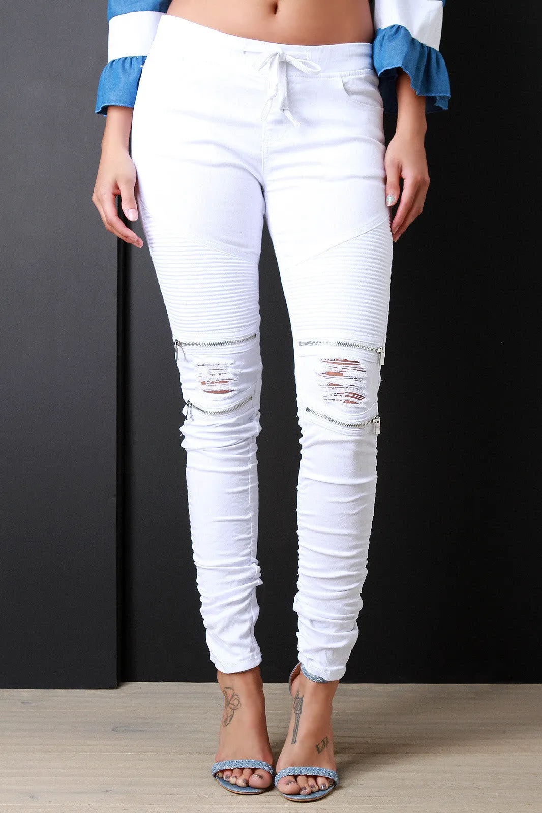 Drawstring Waist Edgy Distressed Moto Jeans