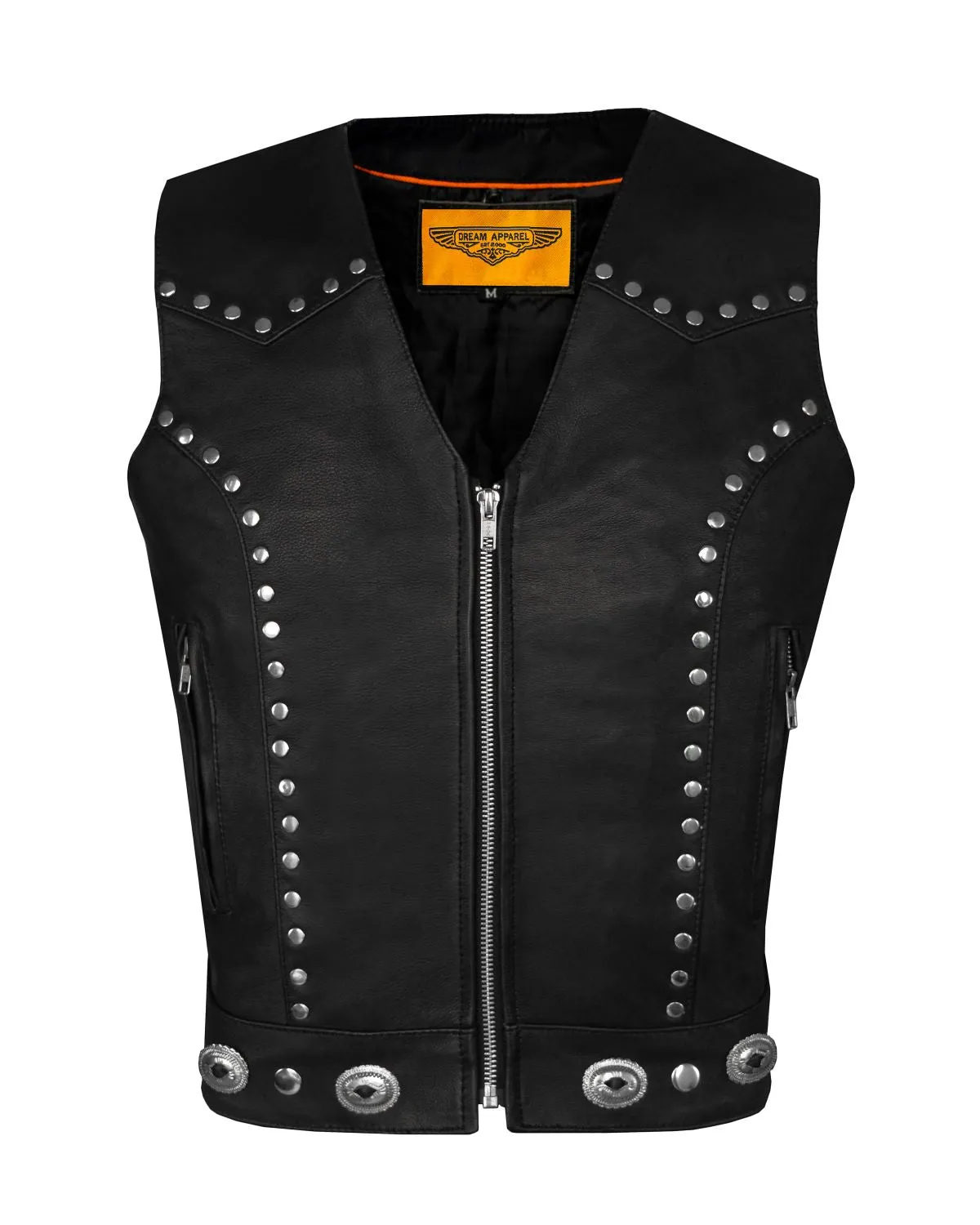 Dream Apparel Womens Studded Decorative Conchos Leather Motorcycle Vest With Concealed Pockets