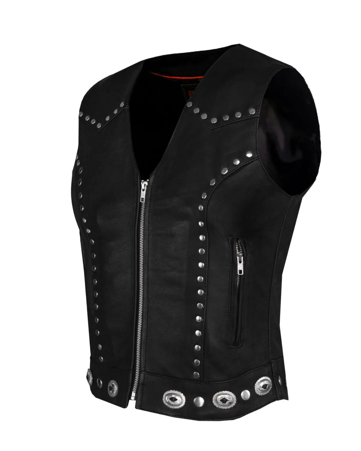 Dream Apparel Womens Studded Decorative Conchos Leather Motorcycle Vest With Concealed Pockets