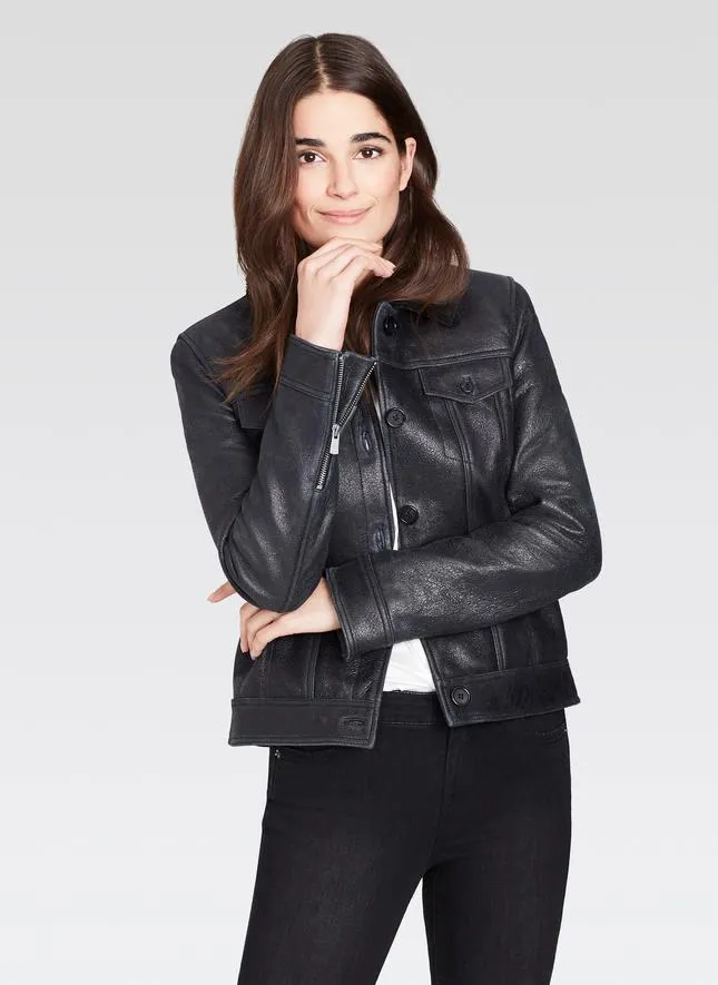 Ecru Black Leather Jean Jacket with Shearling