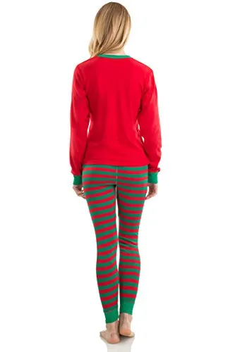 Elowel Adult Womens Mens Red Top & Red Green Pants  Christmas Fitted Pajamas 100% Cotton