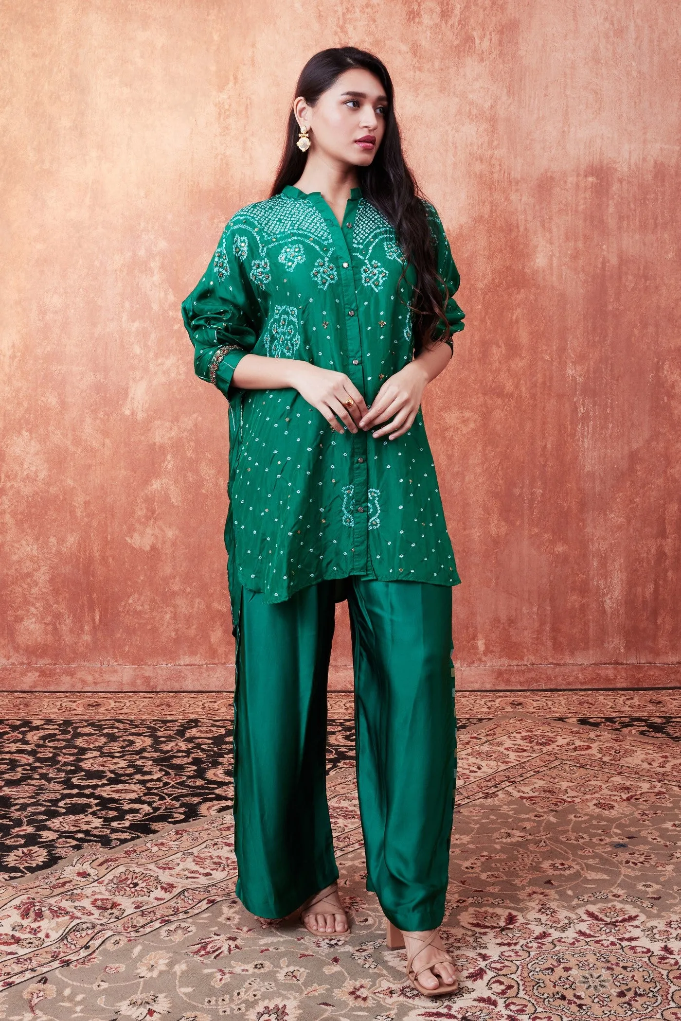 Emerald Green Bandhej Printed Embellished Palazzo Set