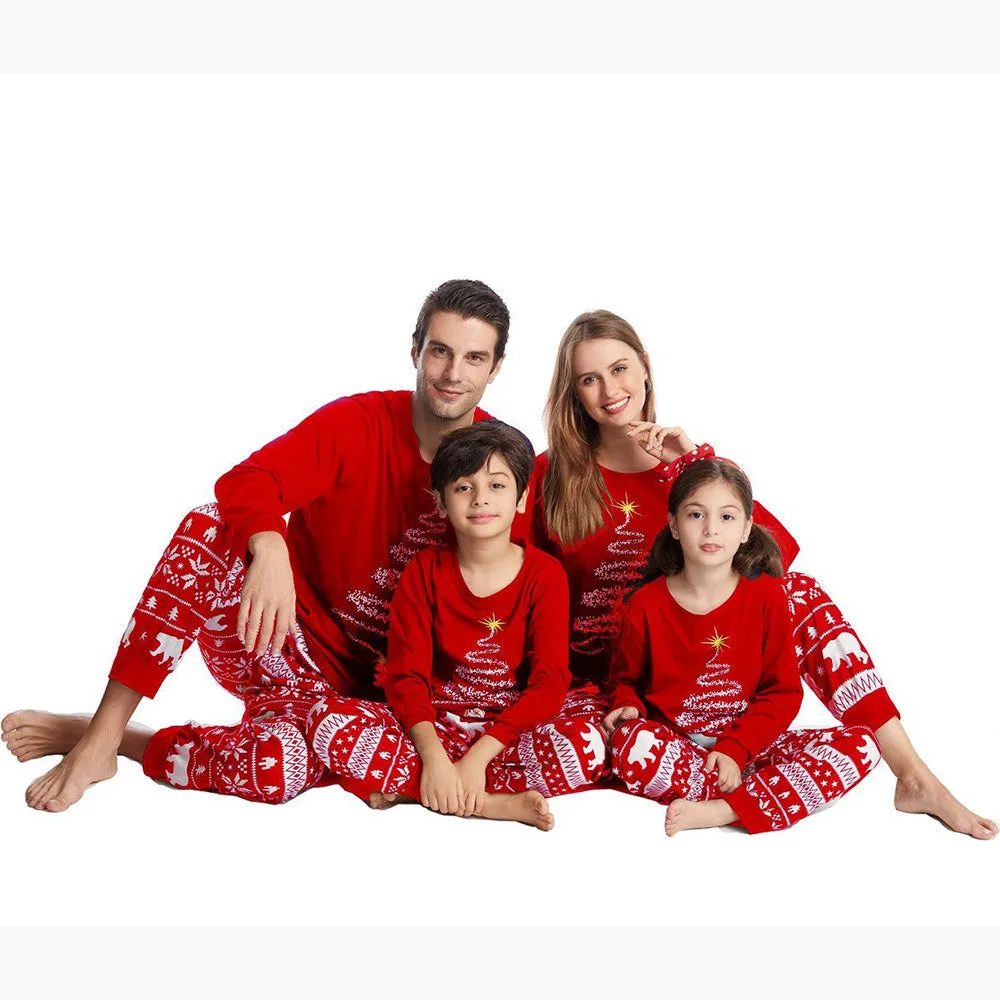 Family Matching Red Christmas Tree Suits Family Look Pajama Set