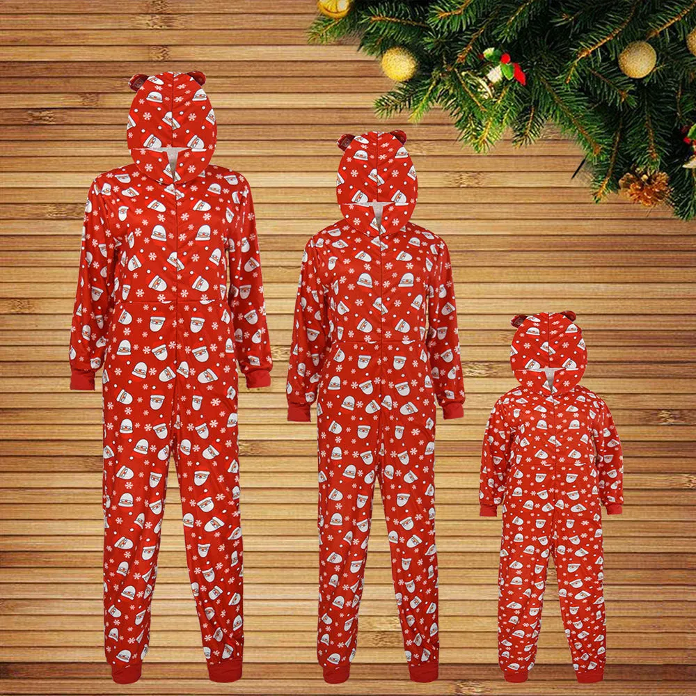 Family Parent-Child Christmas Long Sleeve Hooded Santa One-Piece Pajamas