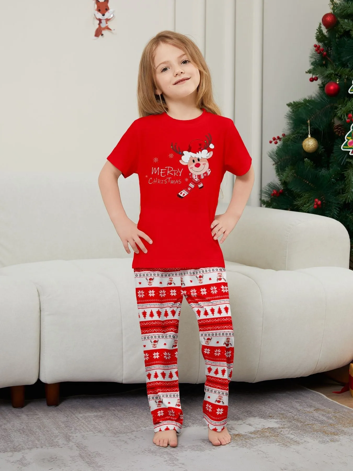 Fawn Printed Short Sleeve  Family Matching Christmas Pajamas Sets