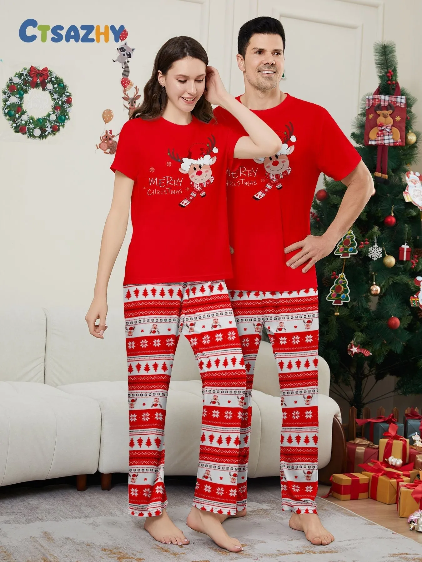 Fawn Printed Short Sleeve  Family Matching Christmas Pajamas Sets