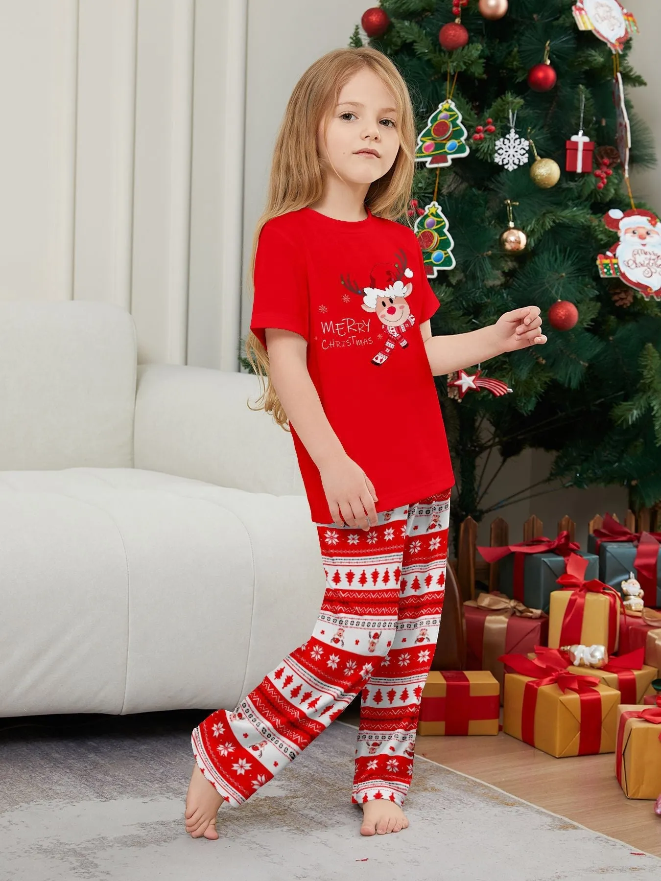 Fawn Printed Short Sleeve  Family Matching Christmas Pajamas Sets