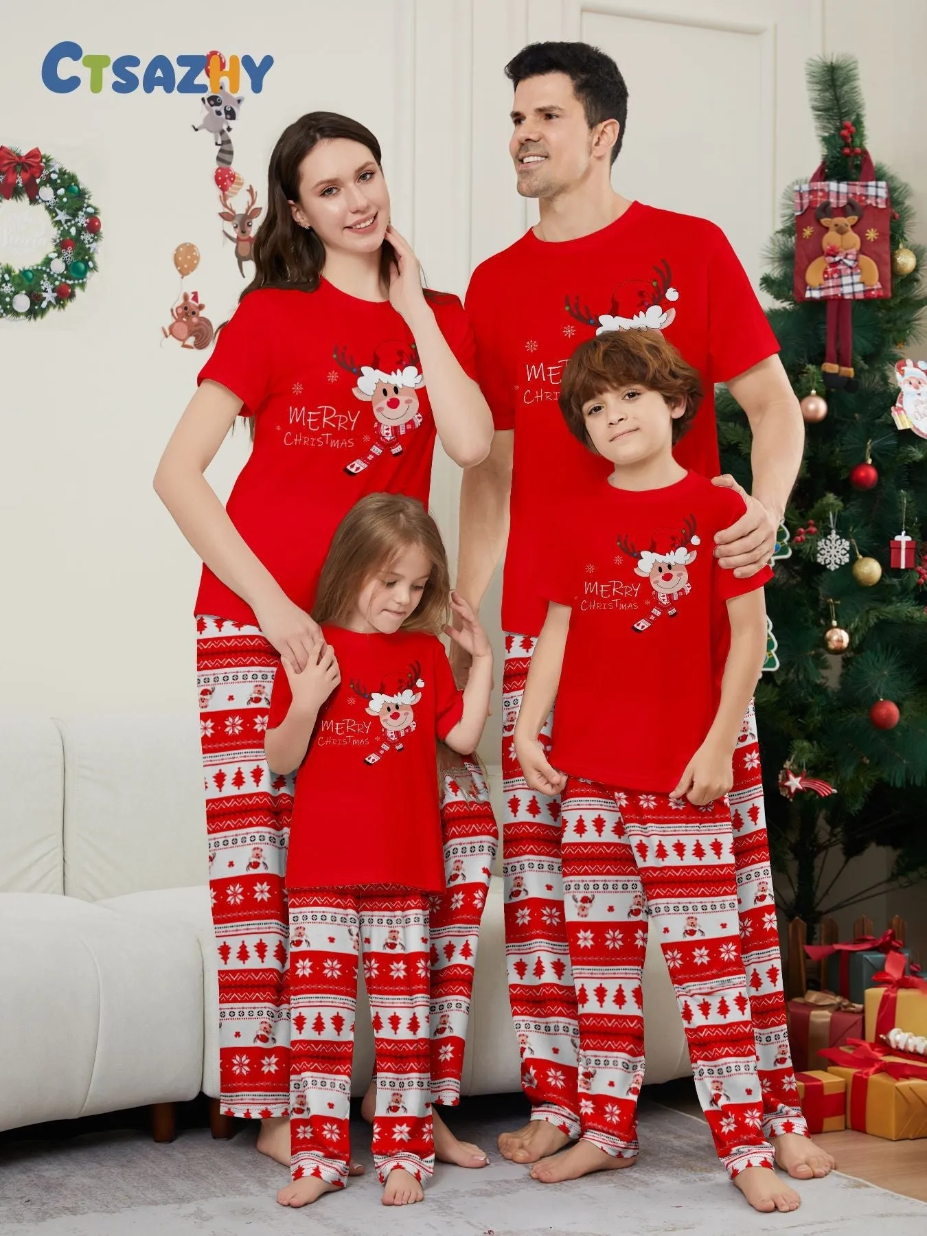 Fawn Printed Short Sleeve  Family Matching Christmas Pajamas Sets