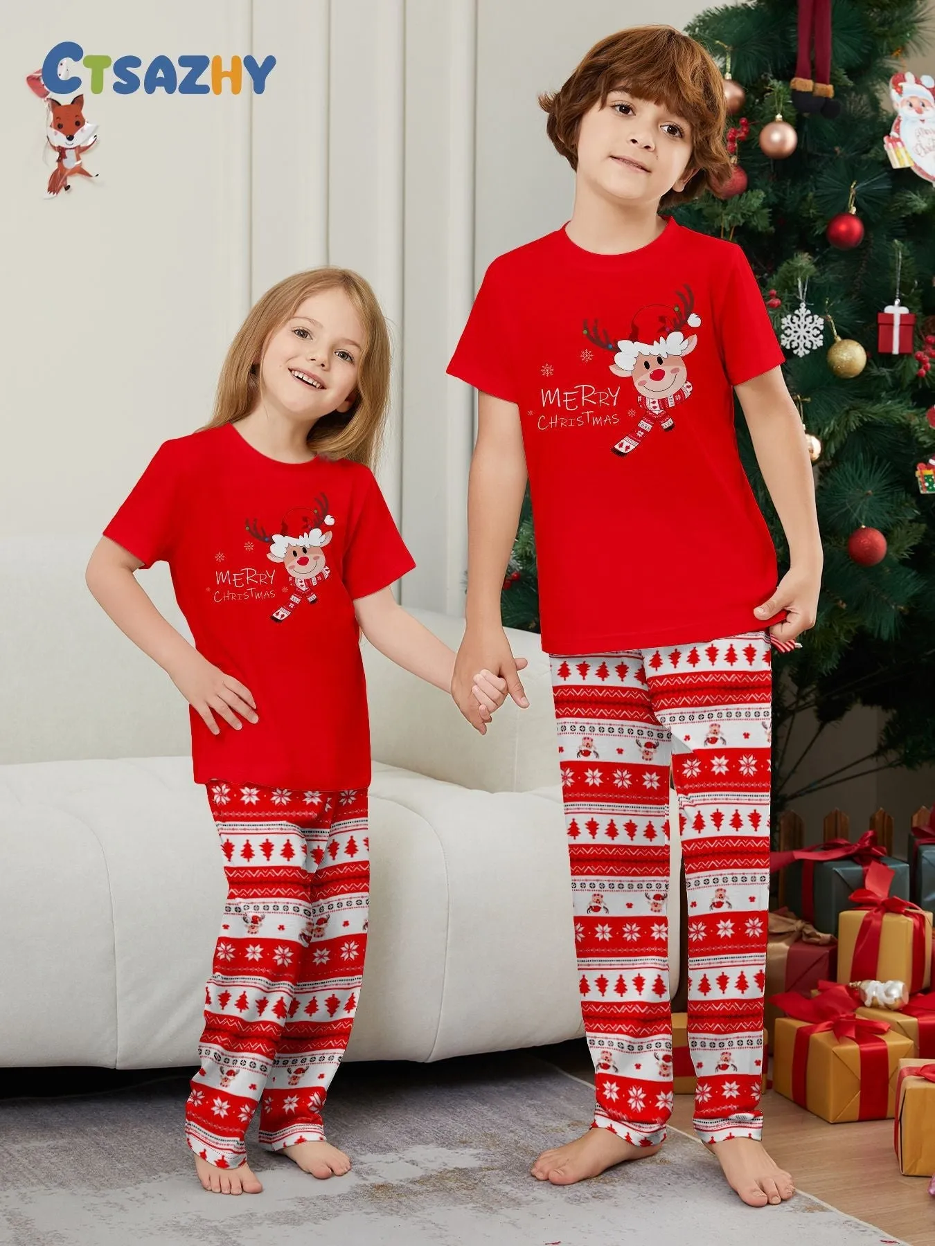 Fawn Printed Short Sleeve  Family Matching Christmas Pajamas Sets