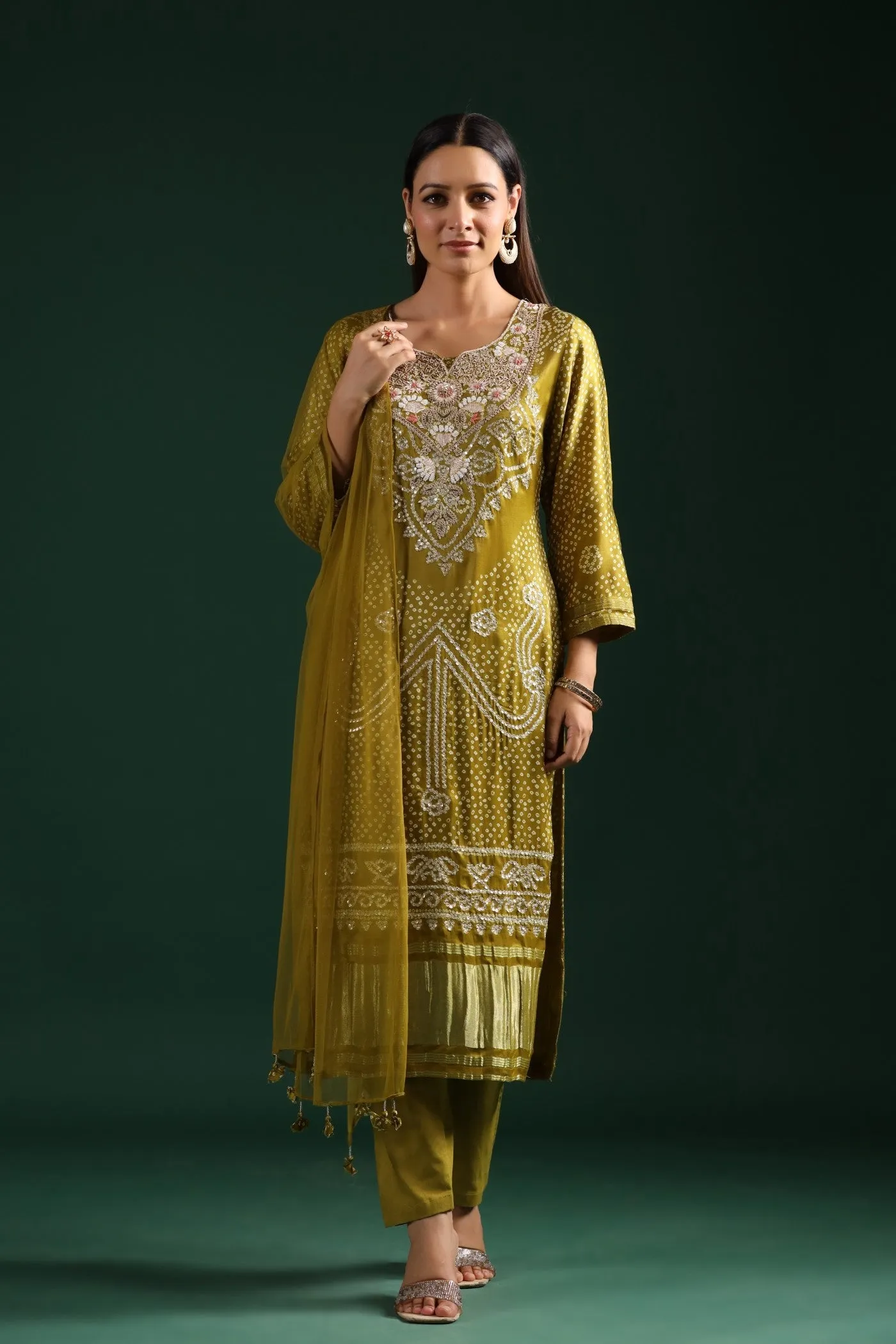 Festive Green Bandhani Embroidered Kurta Set