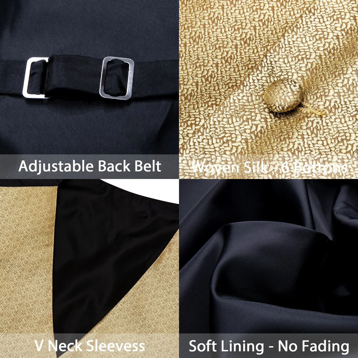 Golden Woven Solid Silk Men's Vest Tie Hanky Cufflinks Set Waistcoat Suit Set