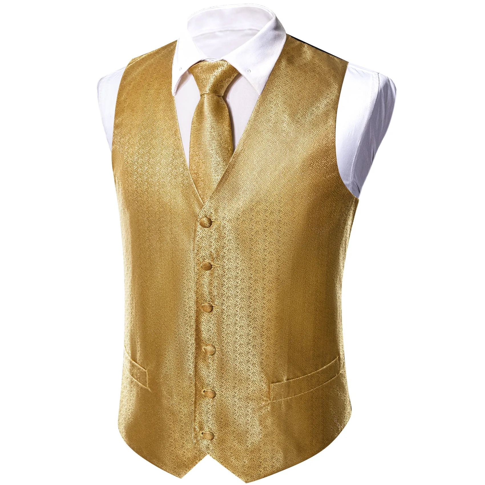 Golden Woven Solid Silk Men's Vest Tie Hanky Cufflinks Set Waistcoat Suit Set