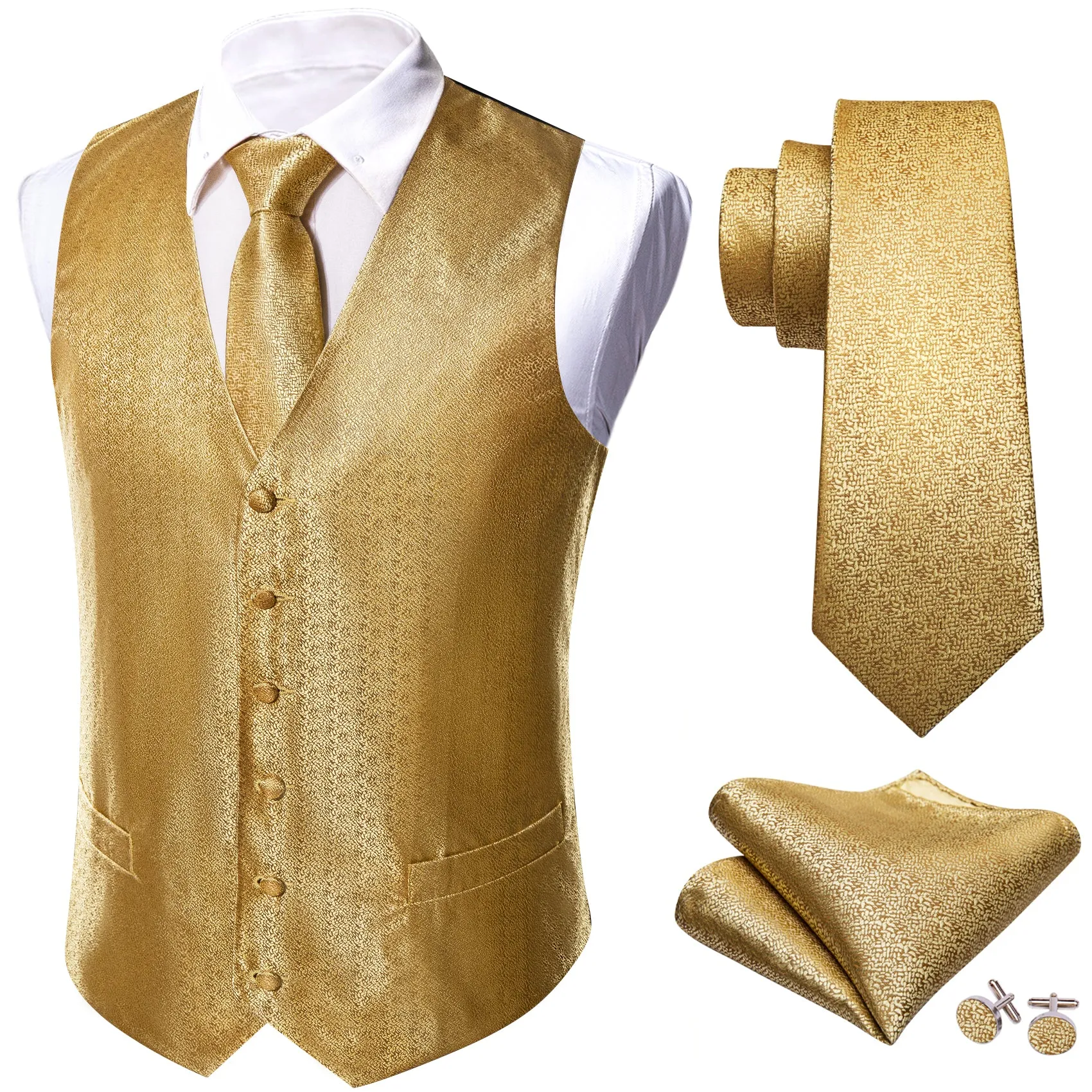 Golden Woven Solid Silk Men's Vest Tie Hanky Cufflinks Set Waistcoat Suit Set