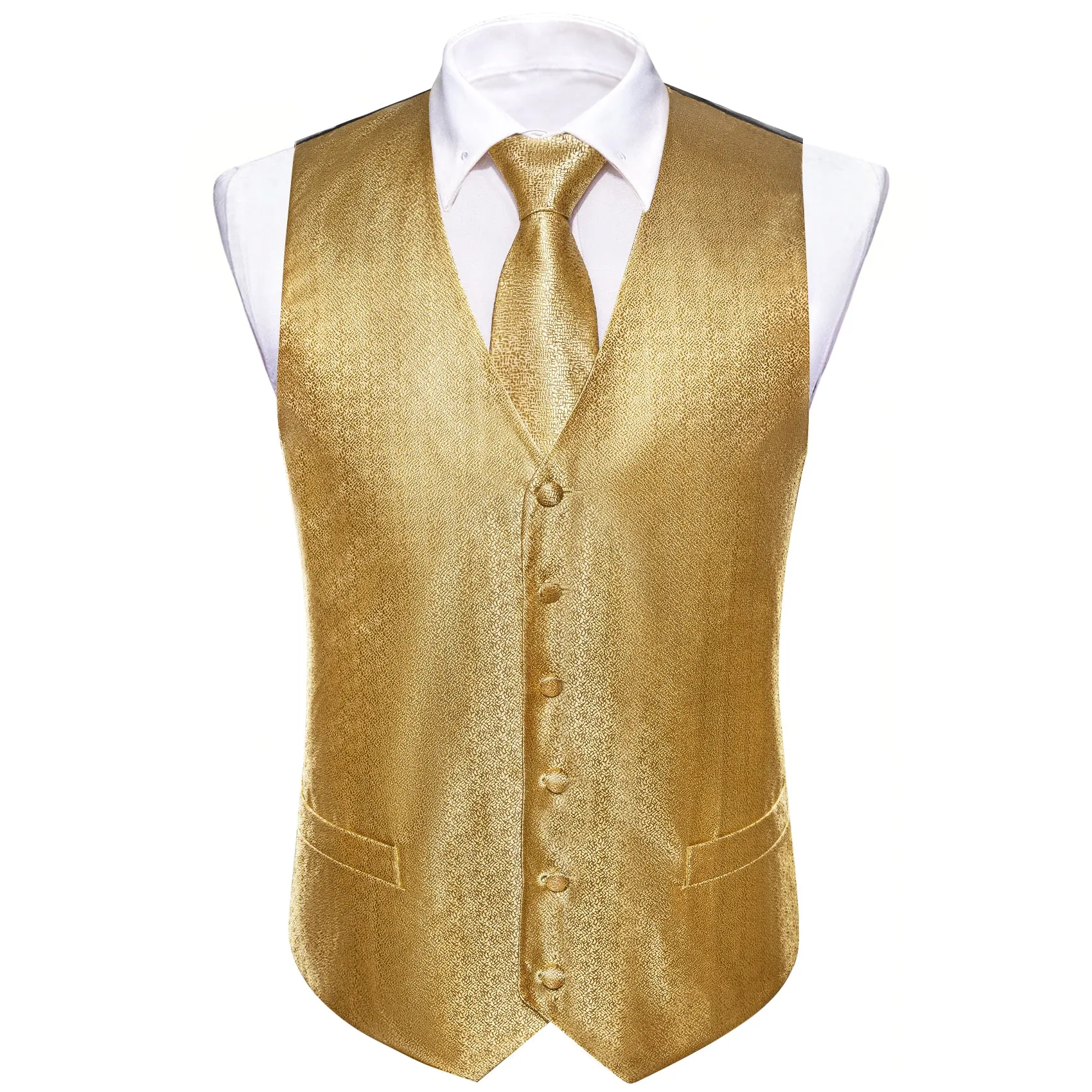 Golden Woven Solid Silk Men's Vest Tie Hanky Cufflinks Set Waistcoat Suit Set