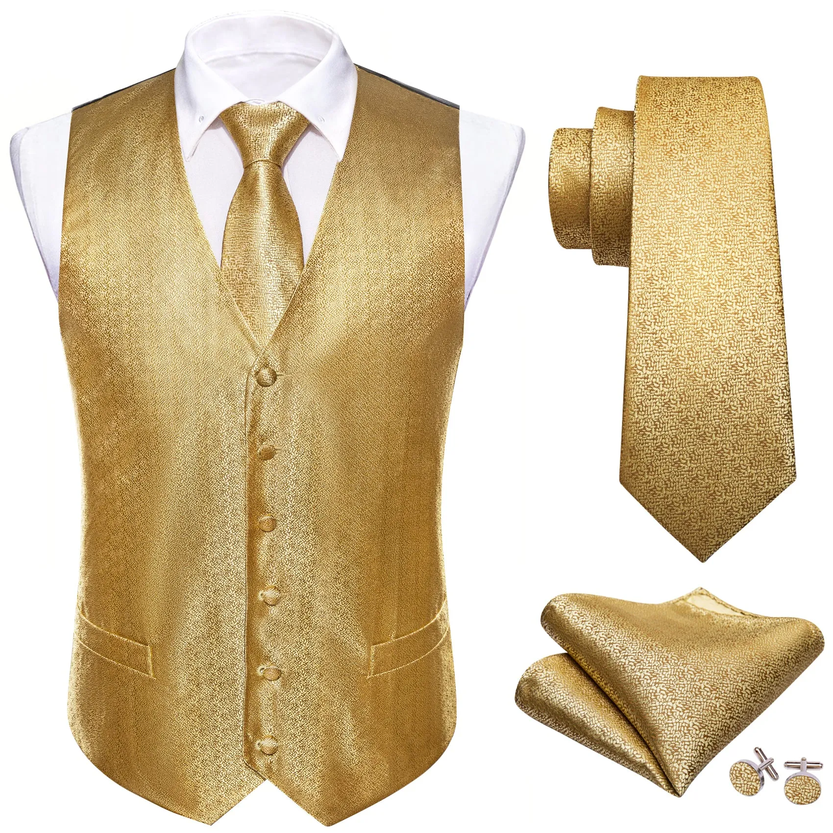 Golden Woven Solid Silk Men's Vest Tie Hanky Cufflinks Set Waistcoat Suit Set