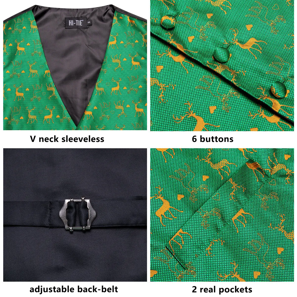 Green Christmas Golden Deer Novelty Jacquard Silk Men's Vest Hanky Cufflinks Tie Set