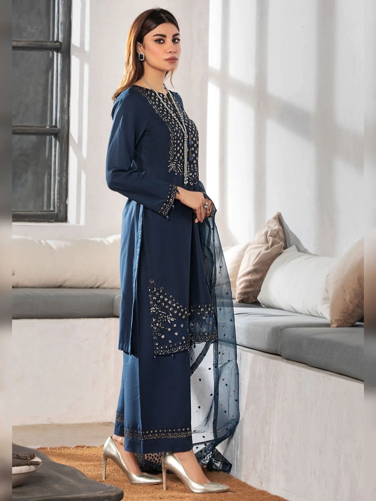 Heera's Navy Blue Embroidered Cambric Cotton Suit