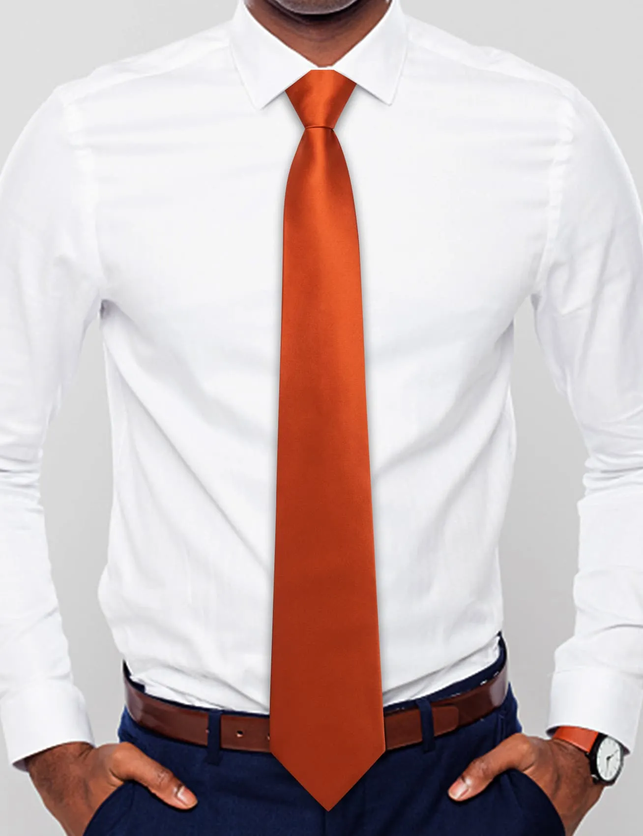 Hi-Tie Easy to Wear Necktie Men's Orange Solid Tie Hanky Cufflinks Set