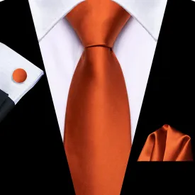 Hi-Tie Easy to Wear Necktie Men's Orange Solid Tie Hanky Cufflinks Set