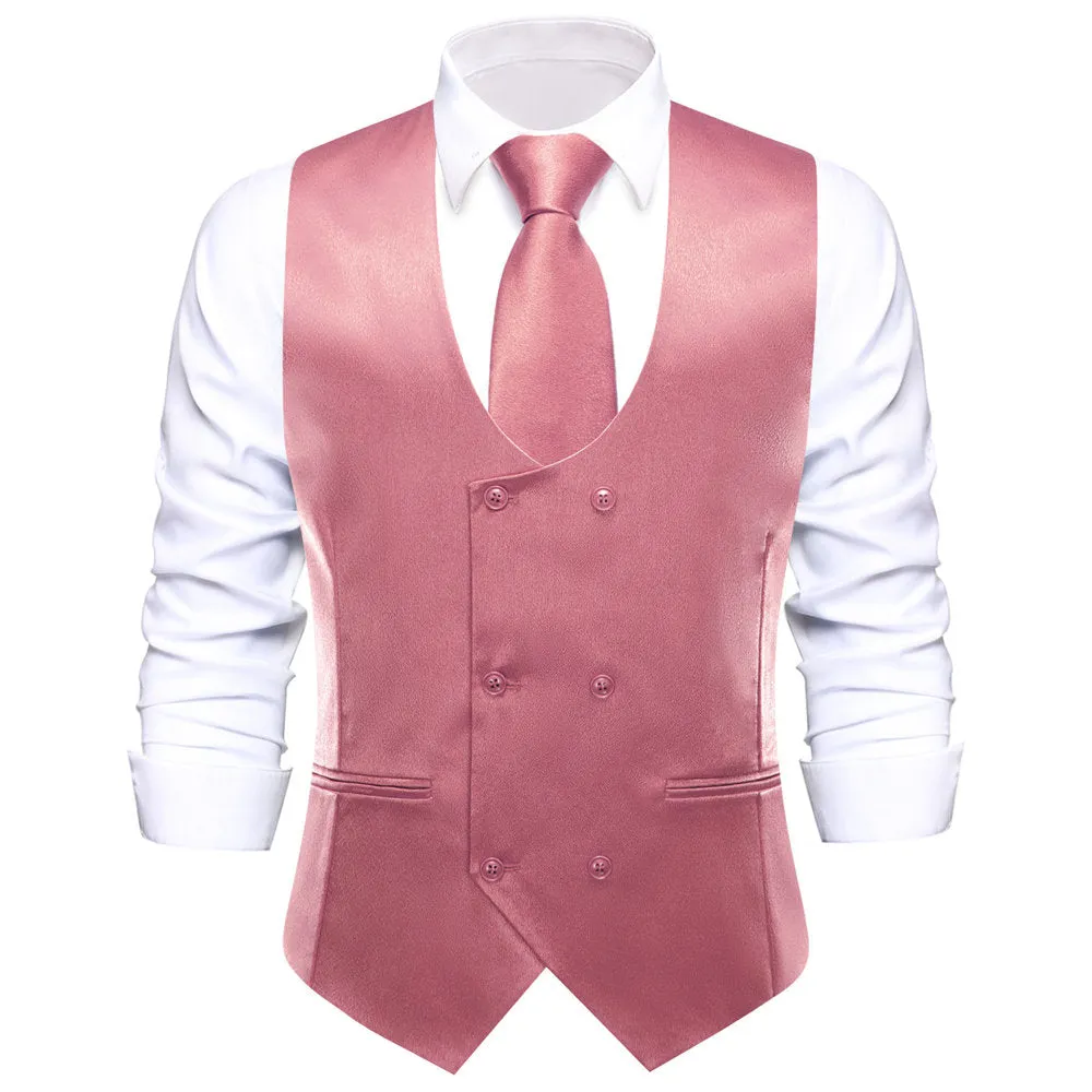 Hi-Tie Rubby Pink Solid U-Neck Double-Breasted Vest Set