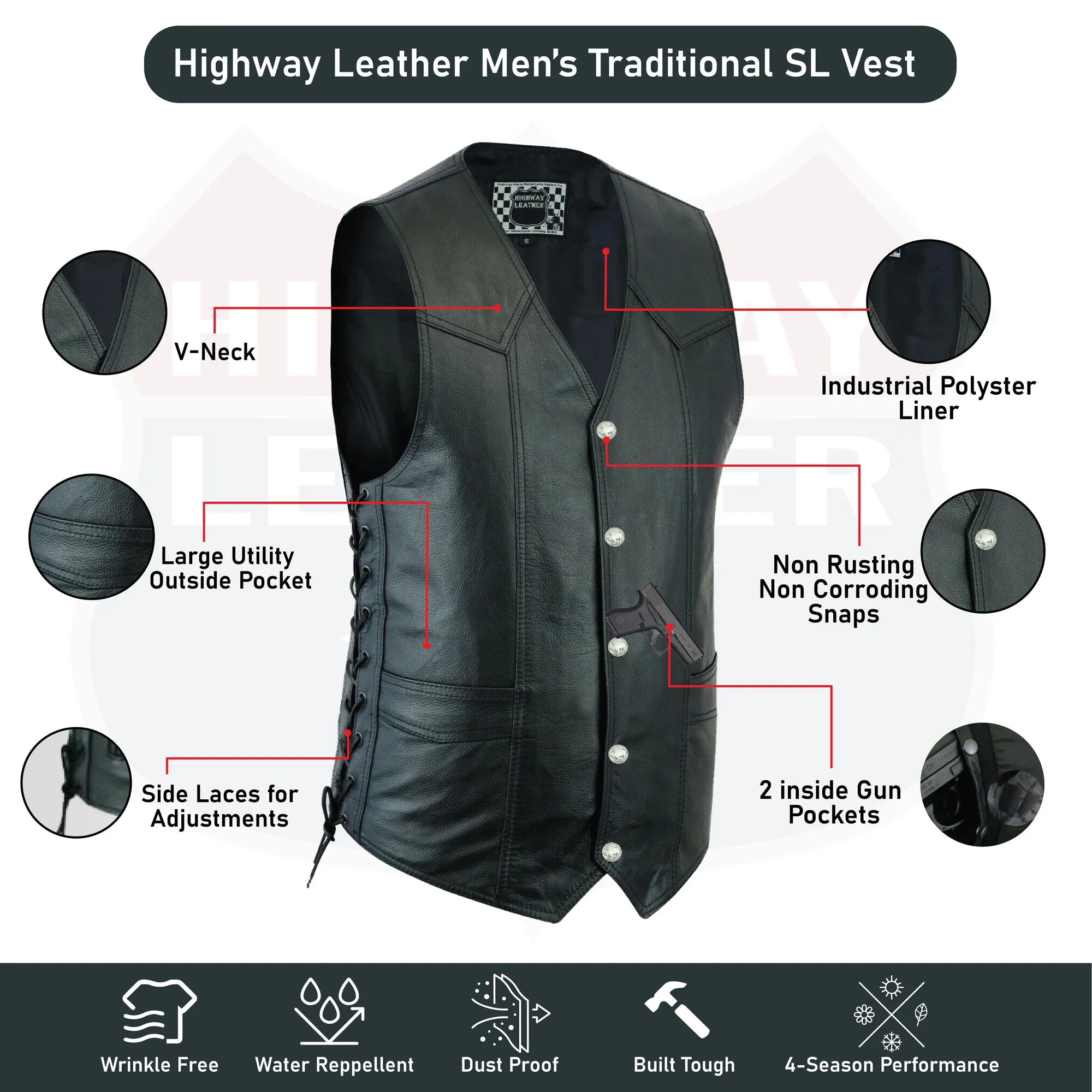 HL11614SPT Men's Classic Leather Vest Motorcycle Gun Pockets for Riders, Easy Biker Patch Sewing, Side Lacing Western Cut