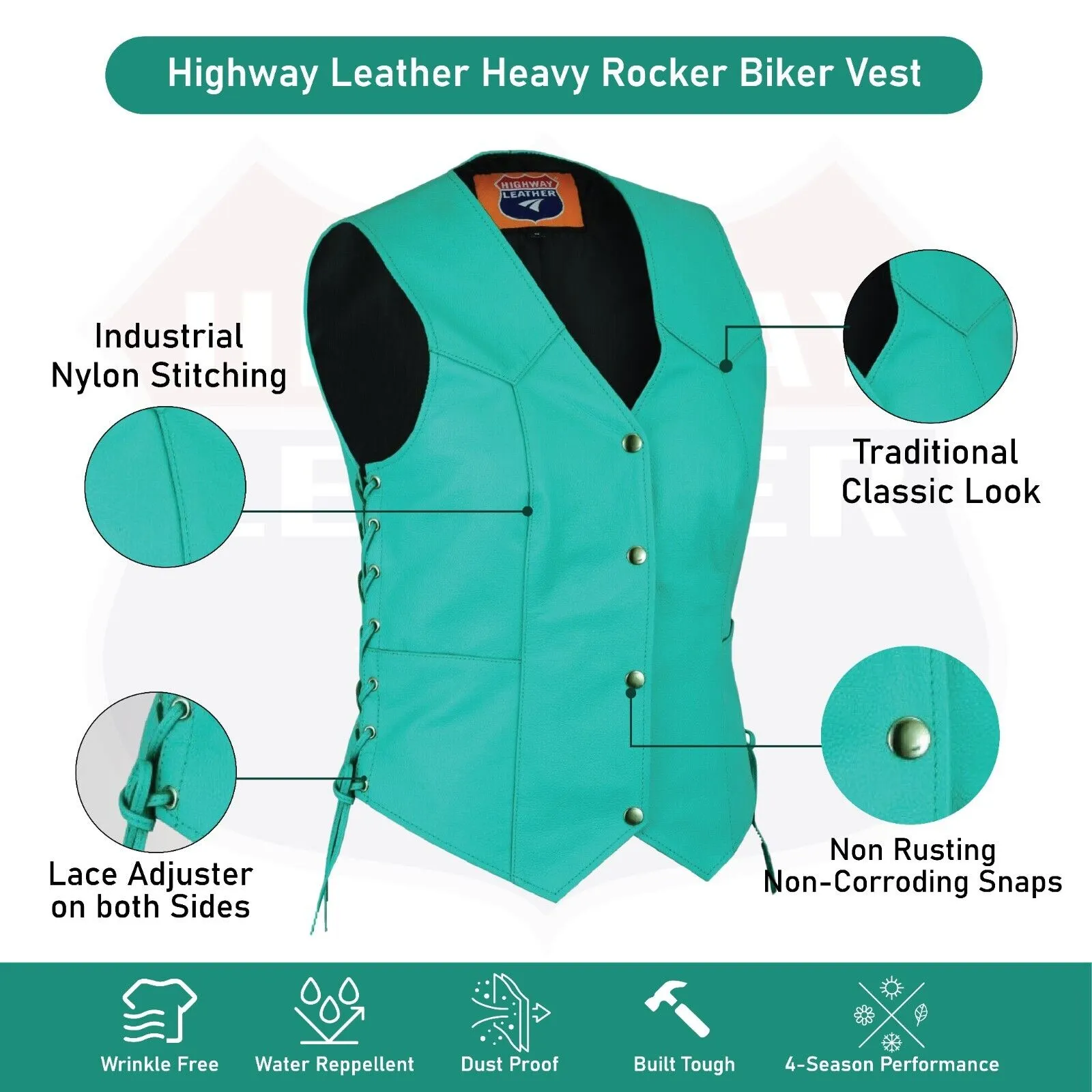 HL14501TEAL Women's Teal color side laced Leather Vest with Gun pockets for clubs