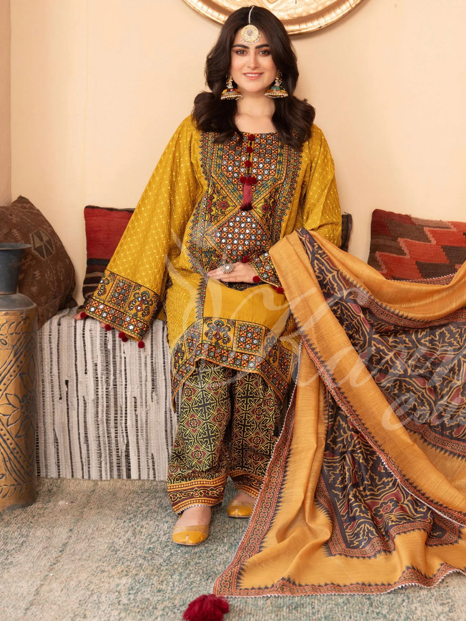 Karma Collection "Naqsh" Mustard Cotton Embroidered Suit (KC1354)