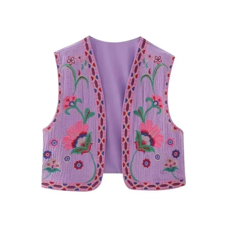 KEYANKETIAN Women Vintage Floral Embroidered Open WaistCoat Ladies National Style Vest Jacket Outfits Casual Vacation Crop Top