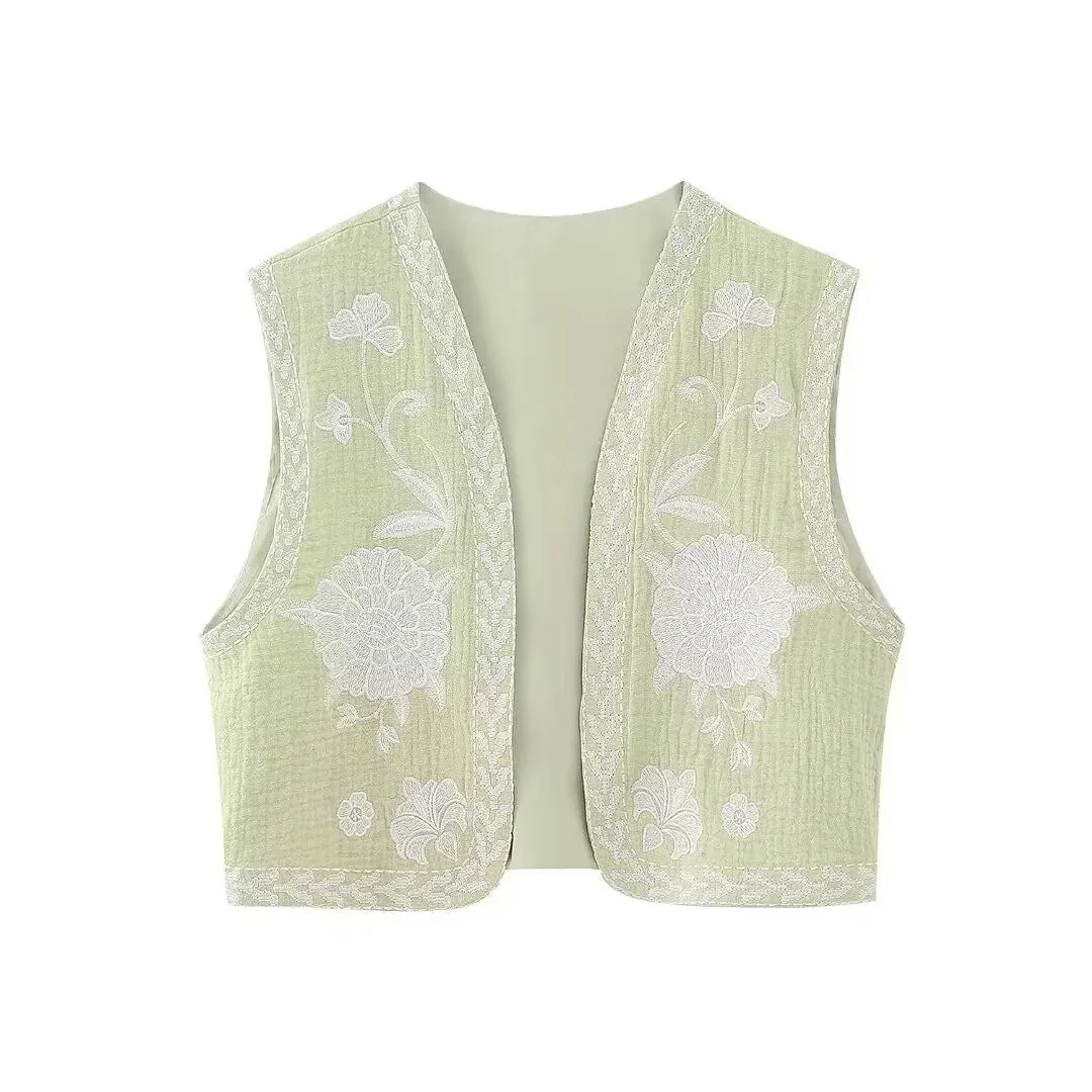 KEYANKETIAN Women Vintage Floral Embroidered Open WaistCoat Ladies National Style Vest Jacket Outfits Casual Vacation Crop Top