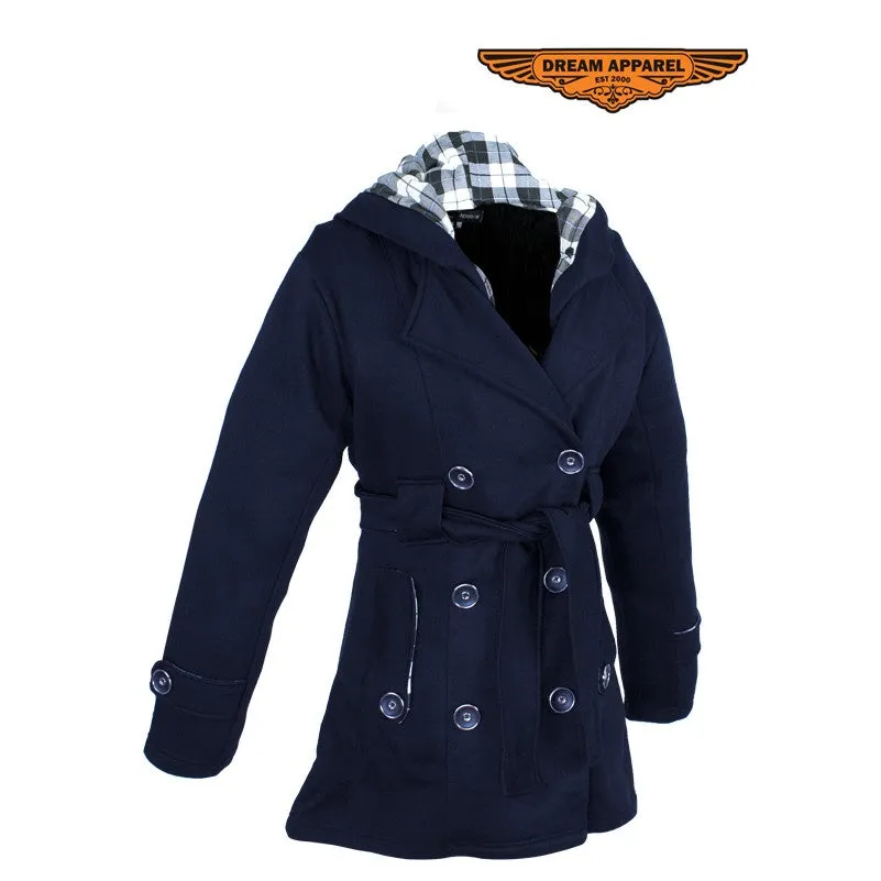 Ladies Black Button Up Coat W/ Belt and Removable Hood