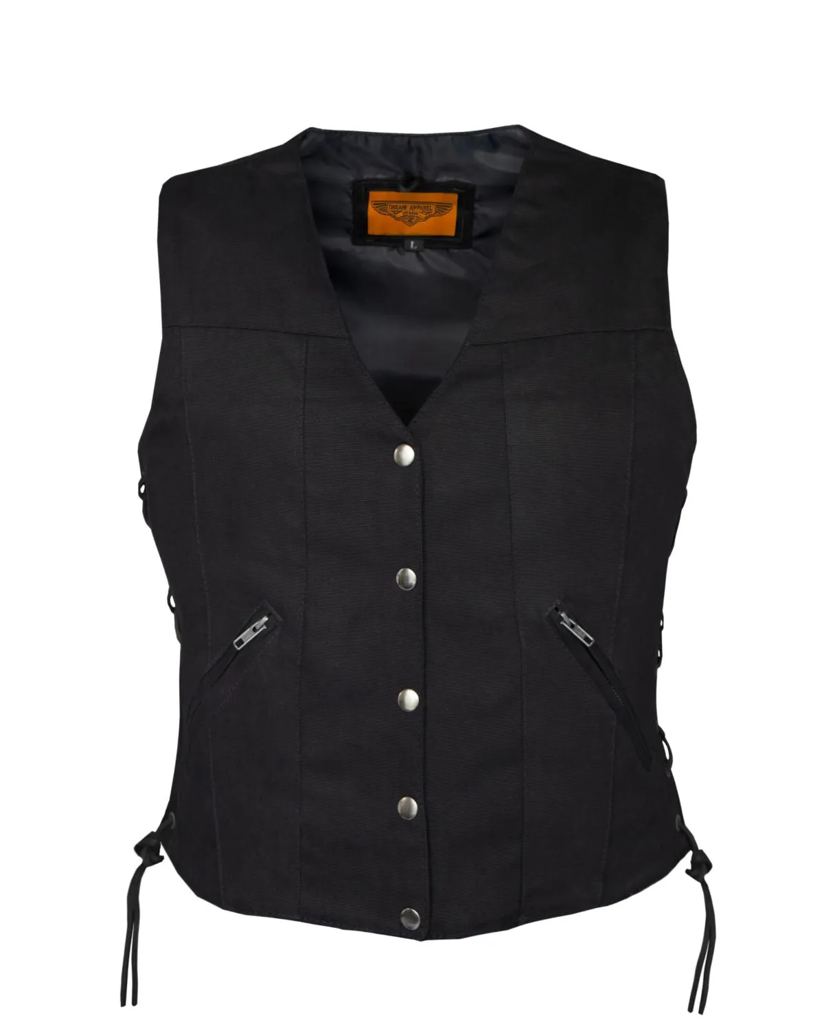 Ladies Black Denim, Side Laces 5 Snap Front Denim Vest