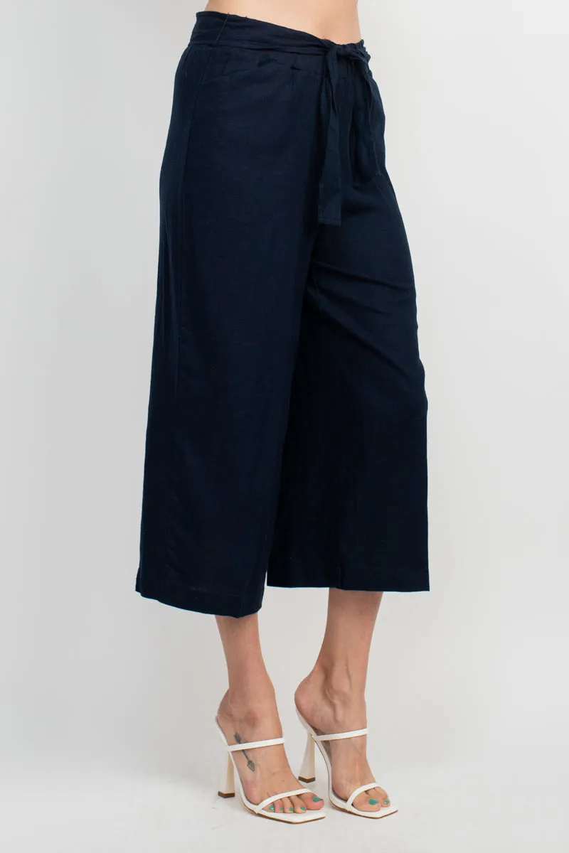 Land N Sea Elastic Mid Waist Tie Waist Wide Leg Linen Pant with Pockets