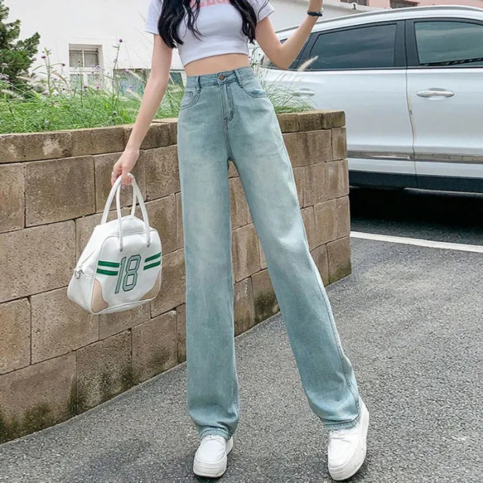 Light Blue Straight Female Summer Section High Waist Thin Drape Loose Jeans