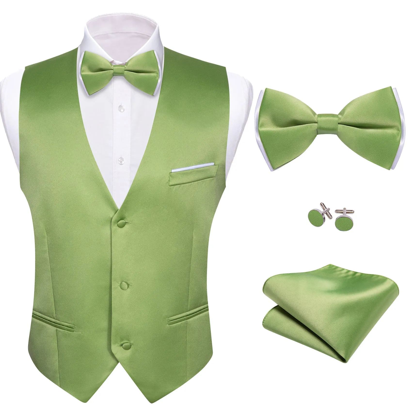 Light Lime Solid Silk Men's Vest Bow Tie Set Waistcoat Suit Set