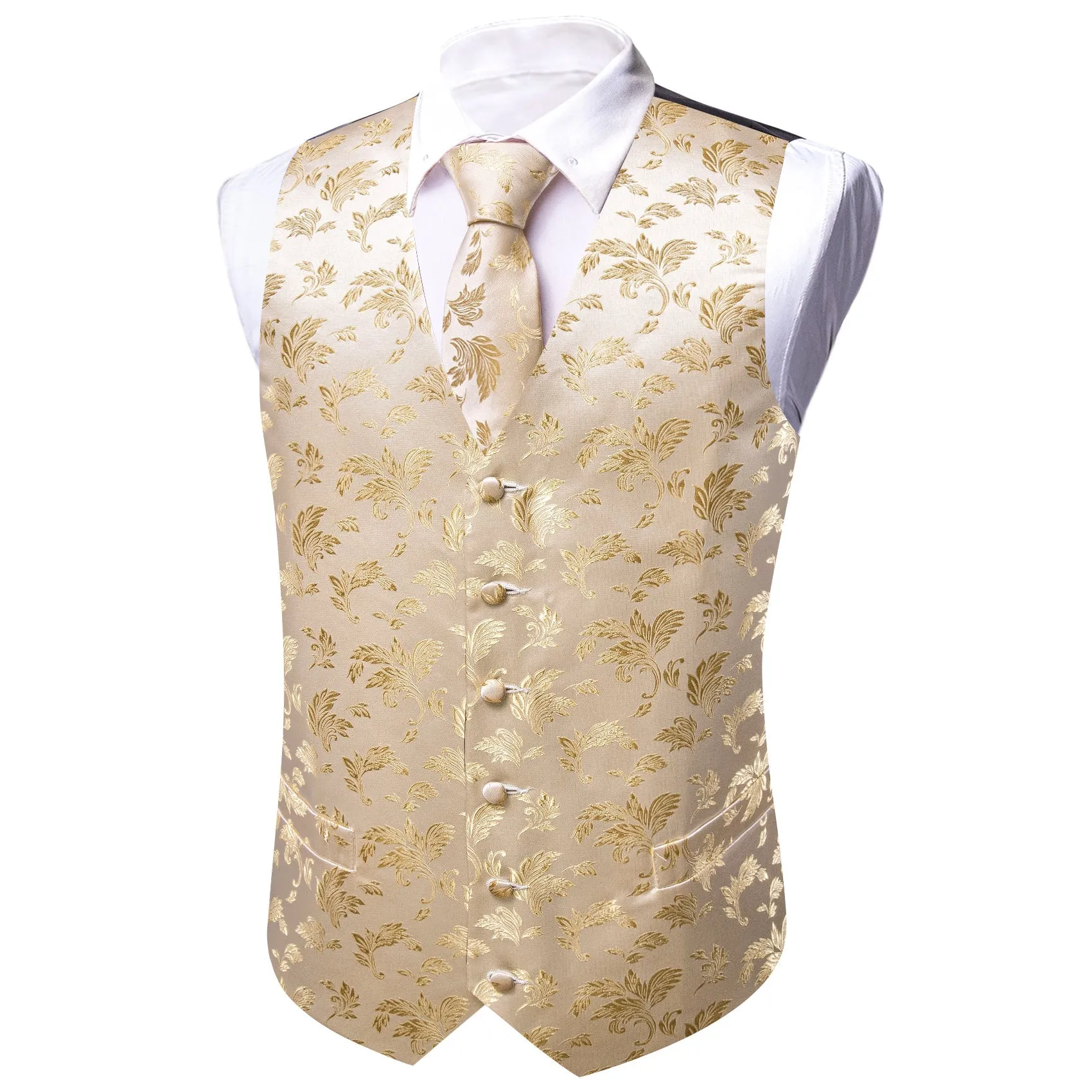 LightGoldenrodYellow Little Flower Silk Men's Vest Necktie Set Waistcoat Suit Set