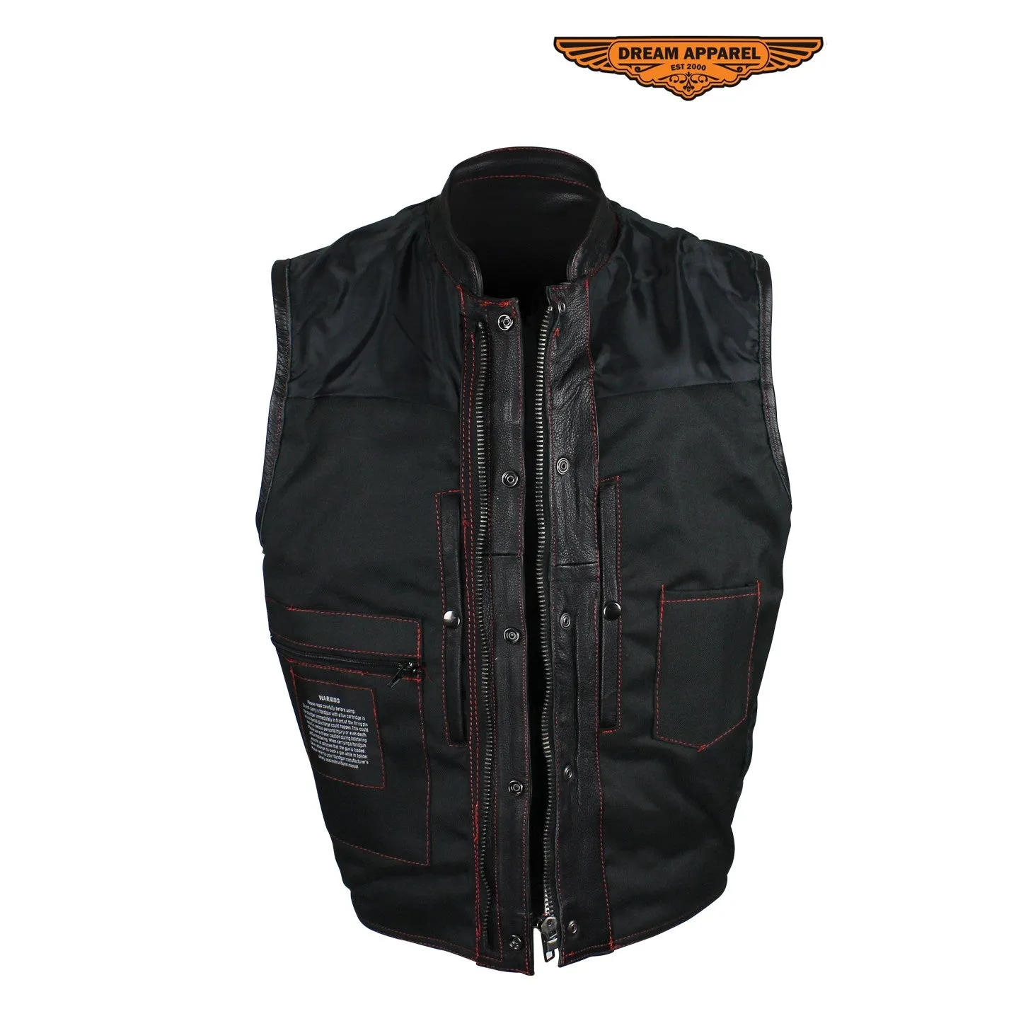 Men's Black Naked Cowhide Leather Motorcycle Vest W/ Red Stitching