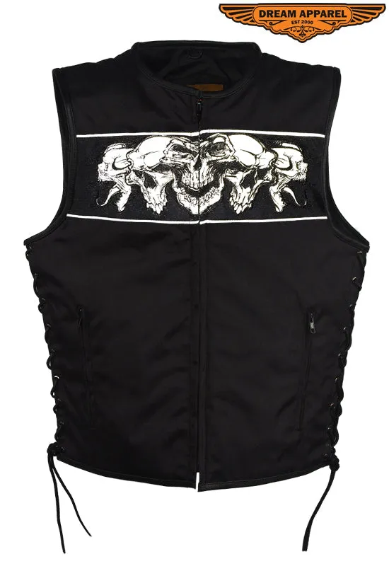 Mens Black Textile Motorcycle Vest With Reflective Skulls Across Chest & Back